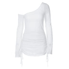Solid Skew Collar Ruched Straps Lace-Up See Through Draw String Mini Dress 2025 Summer  Women Party Clubwear Wholesale - Matrix-studios.com