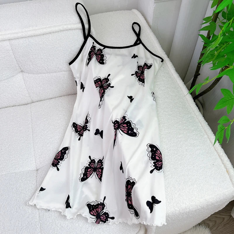 Summer Cute Teddy Bear Hearts Butterfly Floral Printed Nightgowns Women Cozy Sleeveless Ruffled Sleepwear Female Thin Nightdress - Matrix-studios.com