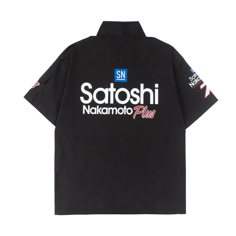 Men's Satoshi Polo Shirts Vintage Short Sleeve Black Linen Fabric Street Y2K Motorsport Print Stand Collar Loose Casual T-shirt - Matrix-studios.com