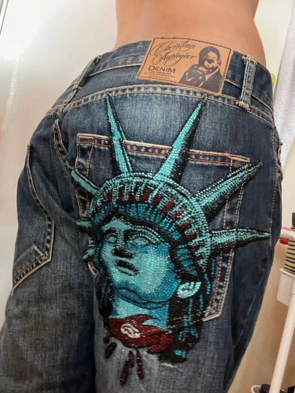 Vintage 2000s Statue of Liberty Jeans High Waisted Baggy Straight Denim Pant Streetwear Jean Hot Stamp Diamond Studded Y2k Pants - Matrix-studios.com