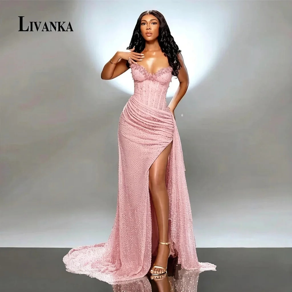 LIVANKA Sweetheart Neck Mermaid Evening Dresses Side High Split Floor-Length Prom Dresses Beading Customized Vestidos De Fiesta - Matrix Studios