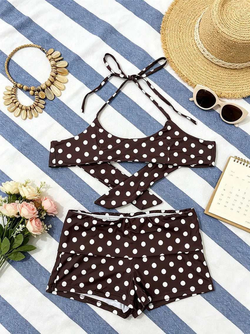 Coquette Retro Brown Polka Dot Tankini For Women Halter String Tie Back Bikini Top Matching Fold Waist Short Beach Swimwear Sets - Matrix-studios.com