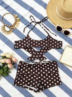 Coquette Retro Brown Polka Dot Tankini For Women Halter String Tie Back Bikini Top Matching Fold Waist Short Beach Swimwear Sets - Matrix-studios.com