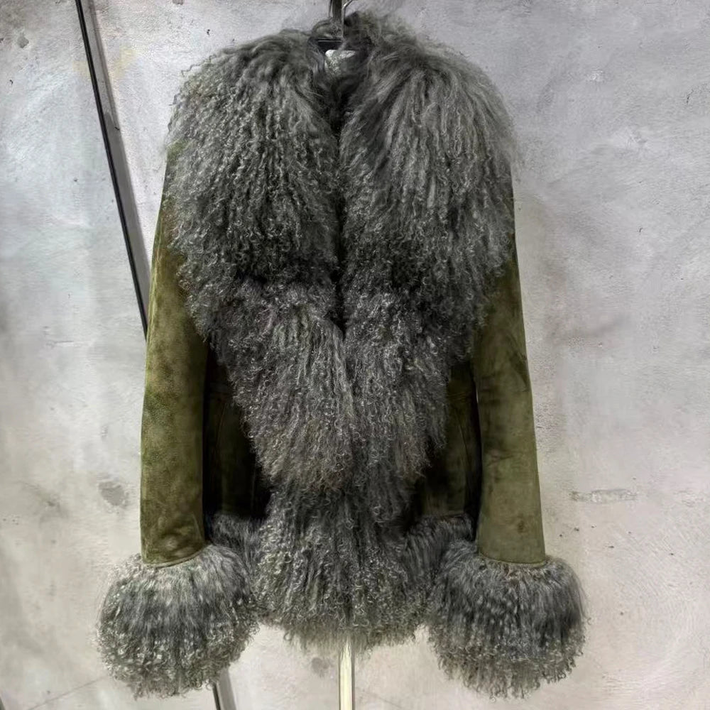 Sheep Fur Leather Coats Women Winter Luxury Mongolian Fur Leather Jackets with Long Sleeve with Natural Mongolian Fur 7251 - Matrix Studios