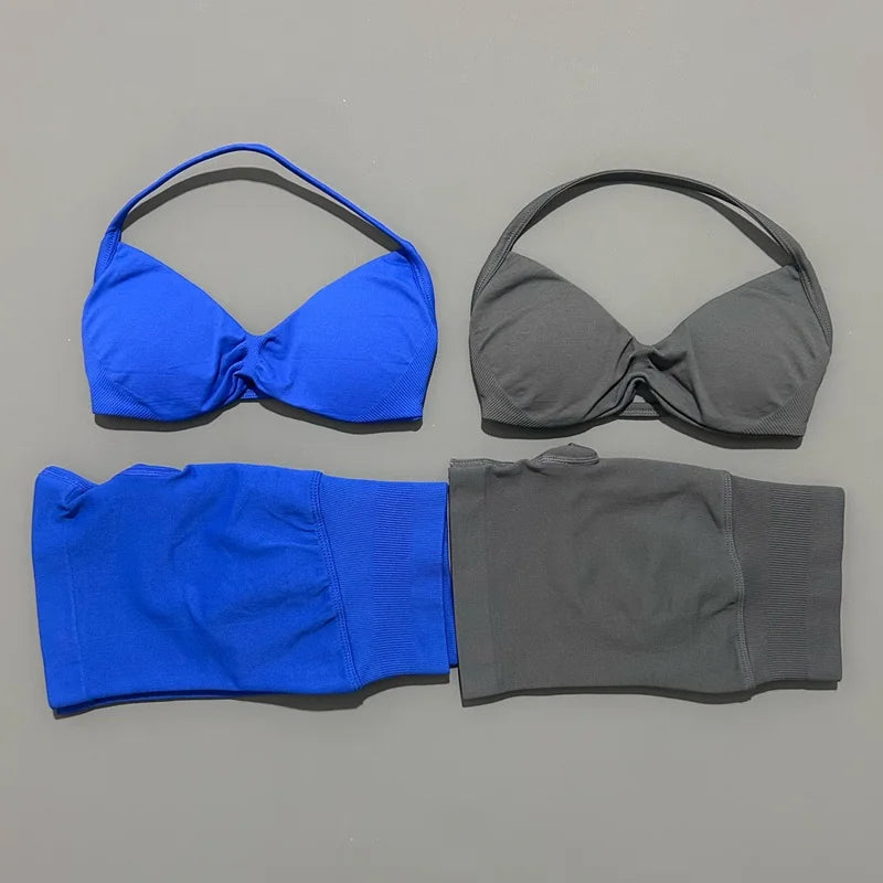 HISTELLO Gym Set 2 Piece Women Strappy Yoga Bra Top Workout Scrunch Shorts Sports Suit Fitness Clothes Seamless Yoga Set - Matrix-studios.com