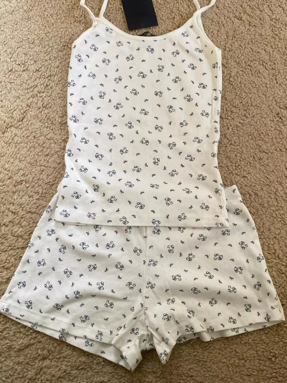 Strawberry Vest Shorts 2 Pieces Set Woman Eyelet Bow Slim Tank Top with Elastic Waist Patchwork Straight Short Pant Sweet Sets - Matrix-studios.com