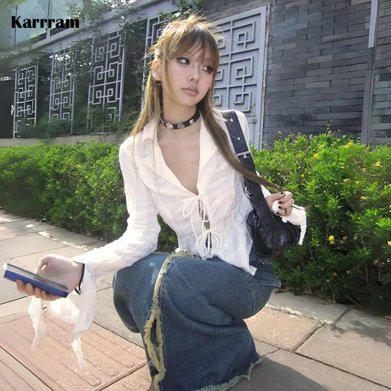Karrram Y2k Aesthetics Pleated Shirt Fairycore Lace Up Blouse Trashy 2000s Style V-neck Shirt Irregular Japanese Harajuku 90s - Matrix-studios.com