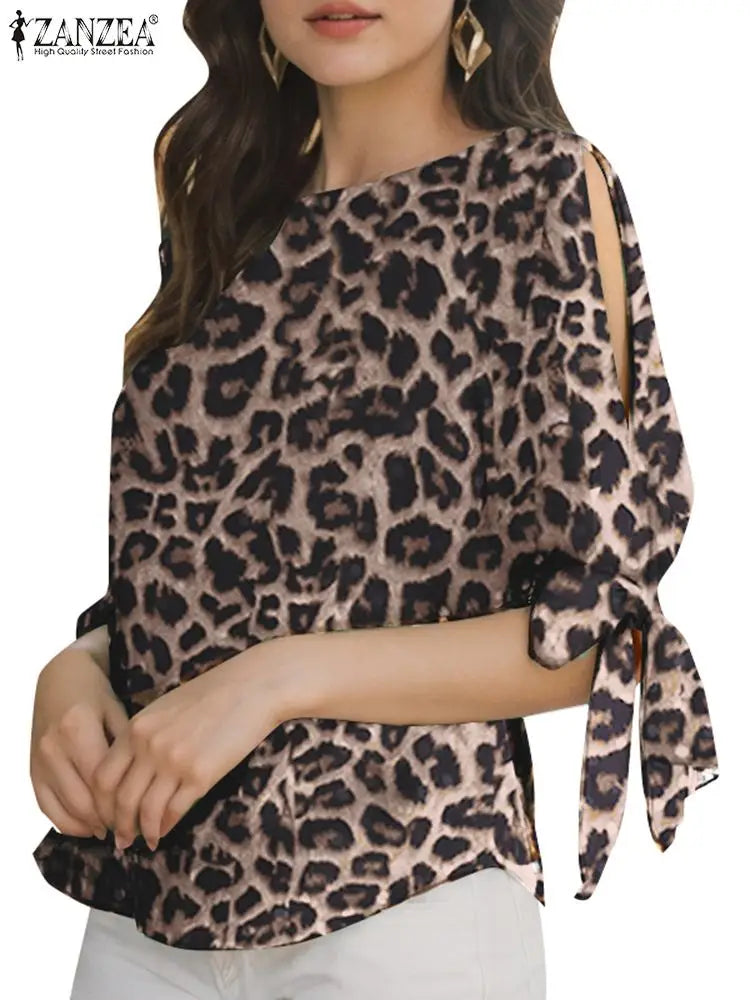 ZANZEA Summer Leopard Printed Blouse Women Elegant Half Sleeve Work Shirt Fashion Lace Up Holiday Tops Bohemian Stylish Blusas - Matrix-studios.com