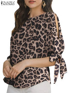 ZANZEA Summer Leopard Printed Blouse Women Elegant Half Sleeve Work Shirt Fashion Lace Up Holiday Tops Bohemian Stylish Blusas - Matrix-studios.com