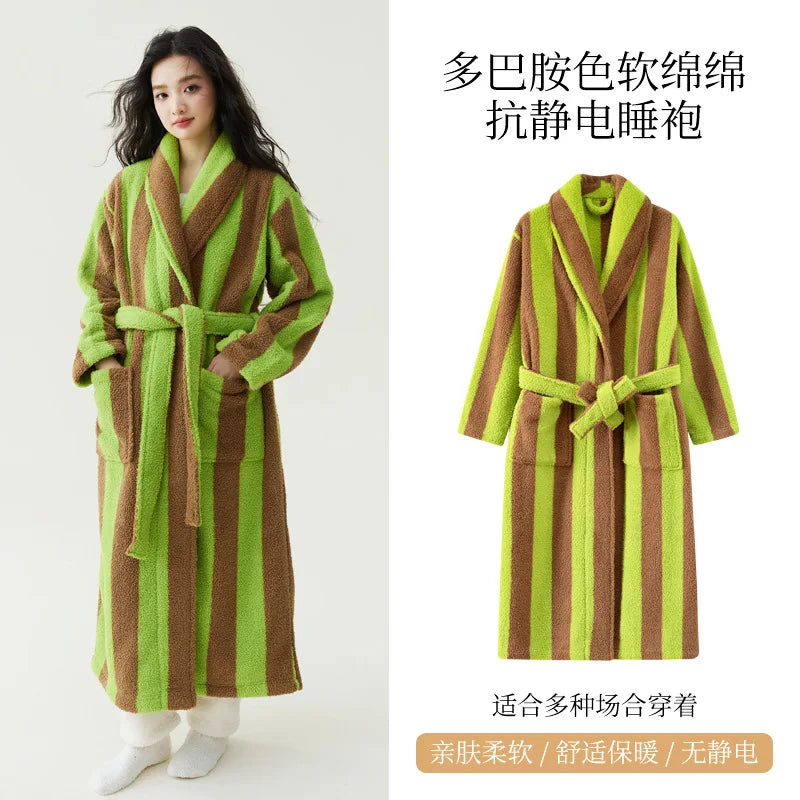 2025 New Autumn/Winter Women's Sleepwear Thick Velvet Warm Robe Couple Coral Velvet Striped Lengthed Home Clothes Bathrobe - Matrix-studios.com