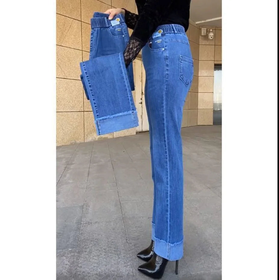 Middle-aged Women's Jeans Spring Autumn Stretch Waist Straight Denim Pants Large Size Loose High Waist Casual Black Blue Trouser - Matrix-studios.com