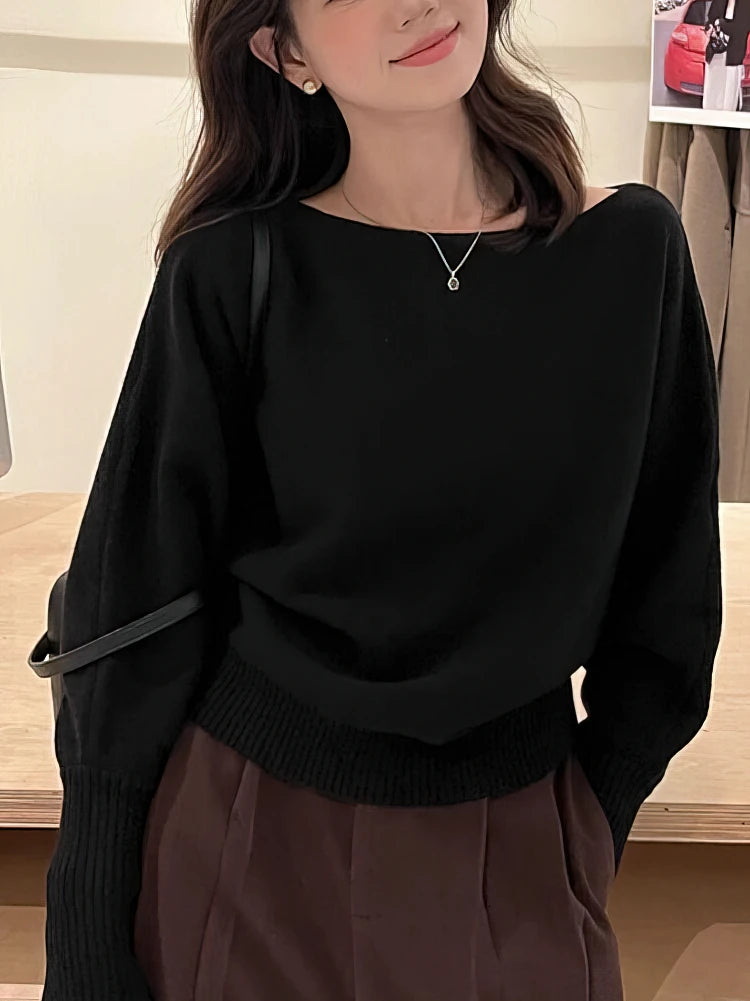 Batwing Long sleeve Knitted Pullover Women 300g Thick Off shoulder Top Korean Fashion Sweater Loose Casual Autumn Outwear Pull - Matrix Studios