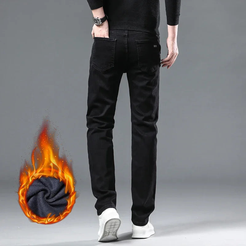WTHINLEE Winter Men Black Straight Stretch Denim Thick Velvet Pants Warm Jeans Casual Fleece Line Trousers Male Plus Size - Matrix Studios