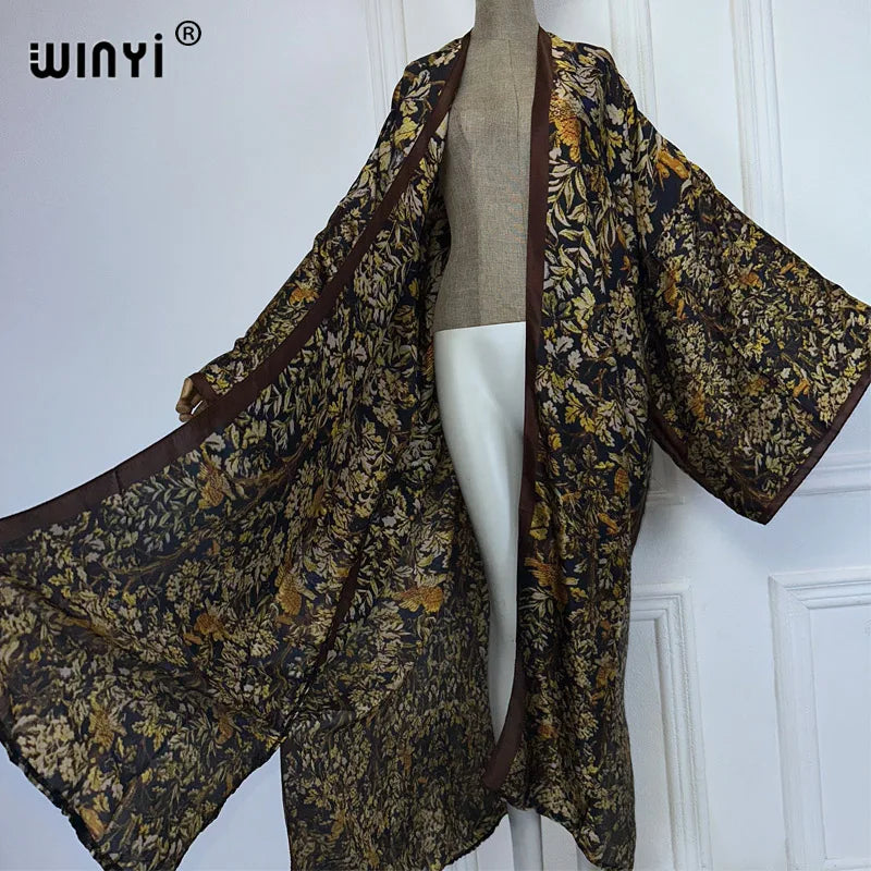 WINYI Beach Cover Up Print Kimono Maxi Dress Beach Wear Boho Cardigan Abaya Dubai Luxury Women Muslim Dress Africa Long Coat - Matrix Studios