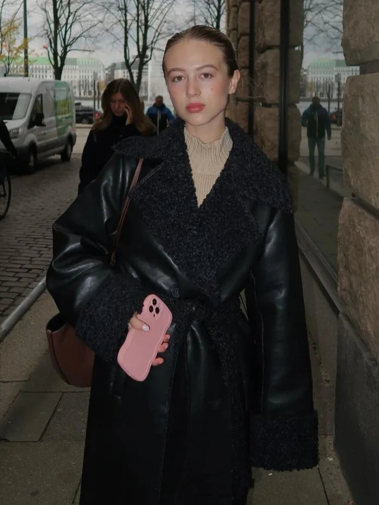 Women's Black Fur Patchwork Leather Overcoat Fashion Laple Long Sleeve With Belt Loose Coat 2025 New Winter Office Commute Wear - Matrix Studios