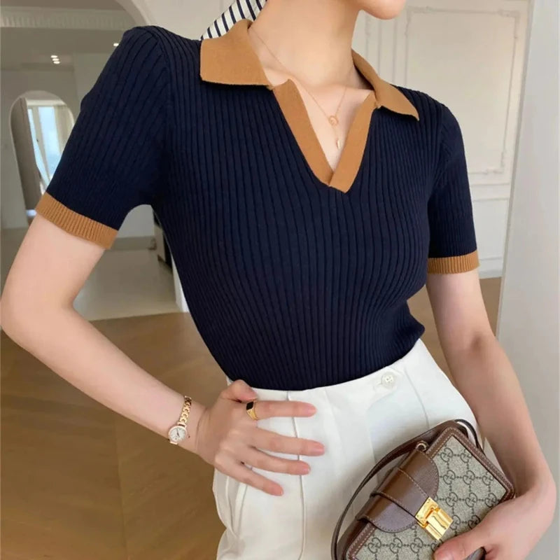 Short Sleeve Polo Neck Knitted Tops Women Lightweight Knitted Sweater Polo Shirts Elegant Office Lady Casual Chic Outfit - Matrix-studios.com
