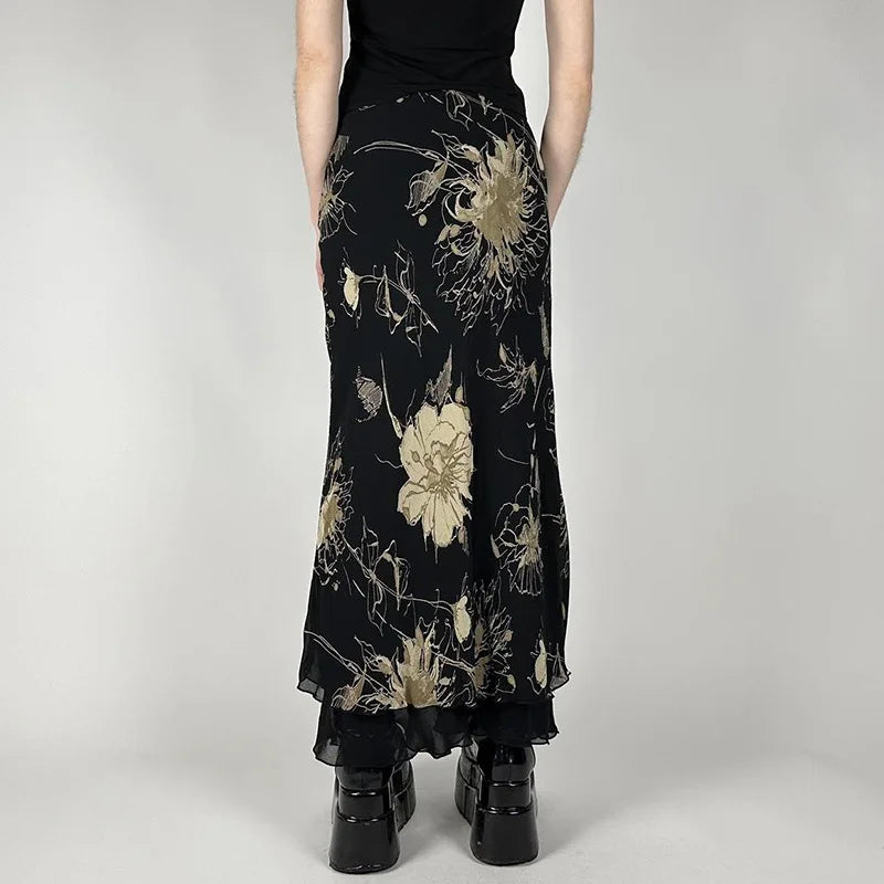 Goth Dark Y2K Aestheics Double Layer Mesh A-line Skirt Women Fashion Florals Print Slim Skirts Fairy Streetwear Gothic Bottoms - Matrix-studios.com