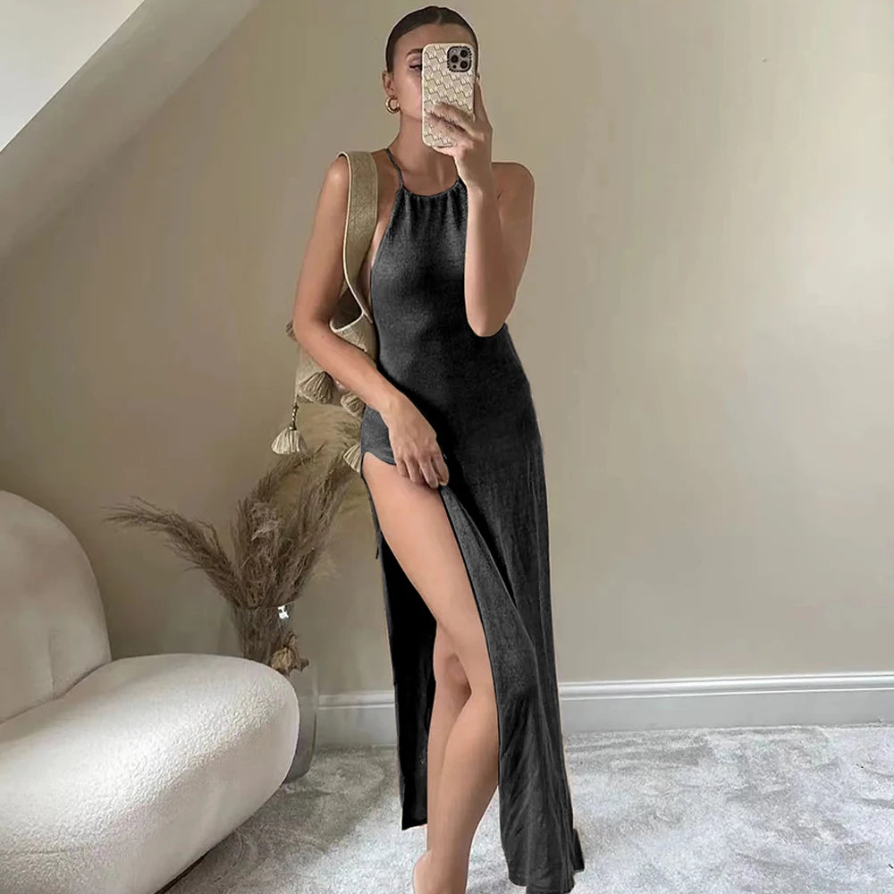 2026 Kintted Cover Up Beach Sexy See Through Maxi Slit Bodycon Summer Dress Bikinis Cover-ups  Elegant Halter Beachdress - Matrix Studios