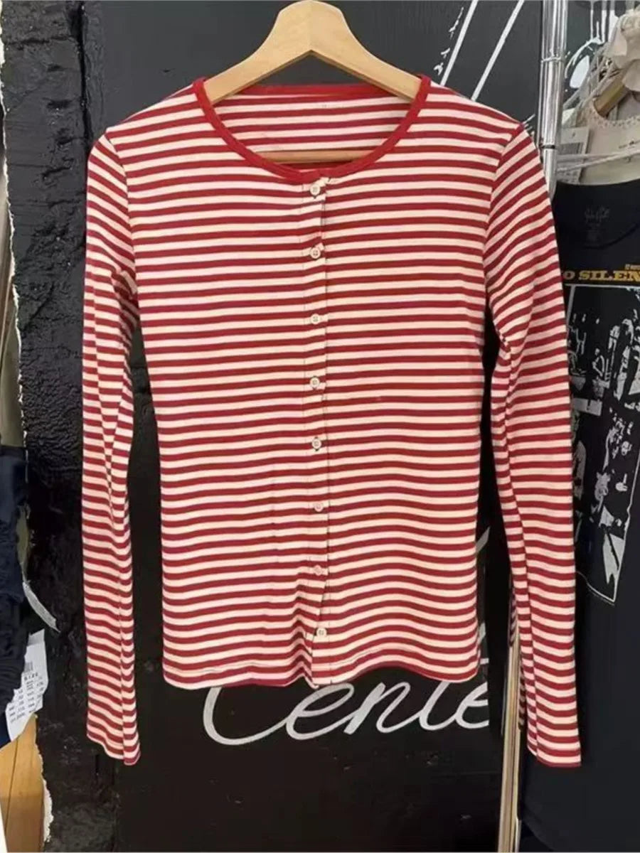 Pink Striped Slim Long Sleeve Tees Women Spring Casual Cotton O-neck Tshirt New Tops Clothes Sweet Cute  Vintage T-shirts Y2K - Matrix-studios.com