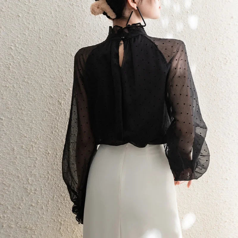 Spring Summer Black Polka Dots Mesh Women's Chiffon Blouses 2025 New Long Sleeve Stand Collar Vintage Loose Shirts Female - Matrix-studios.com