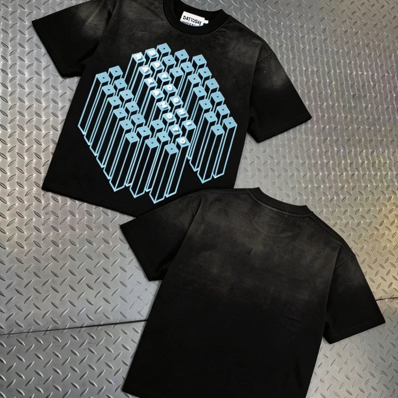 Europe America Trend Street Brand Satoshi Nakamoto T Shirts Colorful Letter Prints Washed Short-sleeved Men Women Loose Top Tee - Matrix-studios.com
