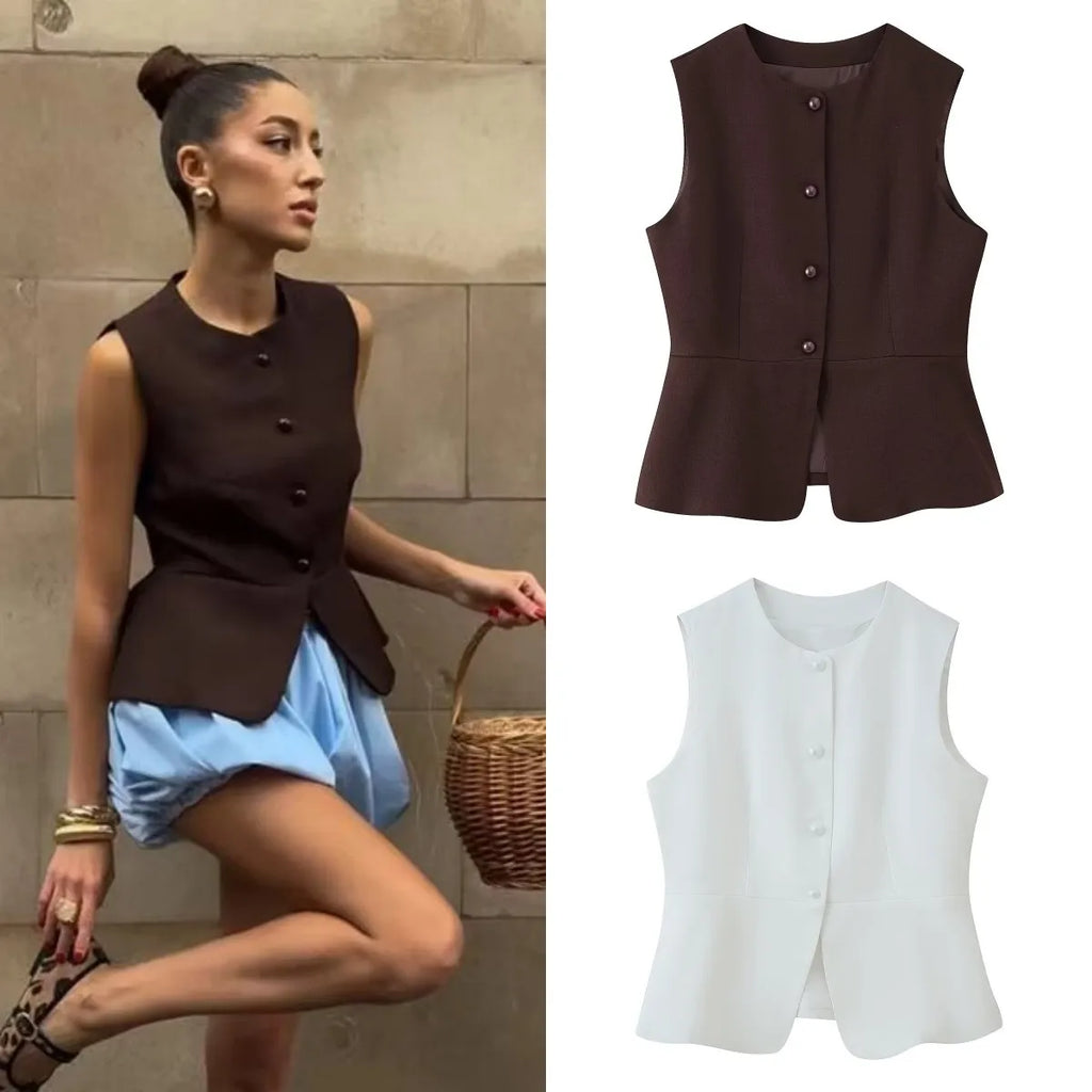 ETJ Autumn 2025 women's elegant fashion solid color round neck vest temperament versatile button up vest - Matrix Studios