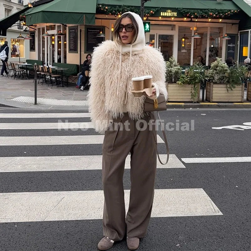 Neo Mint Chic Street Girls Round Neck Faux Mongolia Sheep Fur Coat Women 2025 Winter Fluffy Warm Fur Jacket Cropped Outerwear - Matrix Studios