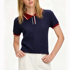 CH Solid Color Embroidered Knit Polo Shirt Women Elegant Short Sleeve Ribbed Trim Office Casual Tops - Matrix-studios.com
