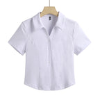 Summer New Polo Neck Button Short High Waist T-shirt Slim Fit Short Sleeve Solid Color Cotton Women's Top - Matrix-studios.com
