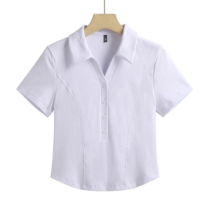 Summer New Polo Neck Button Short High Waist T-shirt Slim Fit Short Sleeve Solid Color Cotton Women's Top - Matrix-studios.com