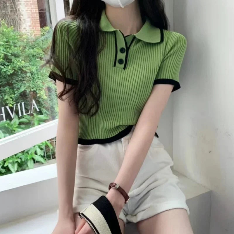 Contrast Color Polo Collar Shoulder Knitted Short Sleeves T-shirt Women's Summer Slim-Fitting Design Sense Niche Short Tops - Matrix-studios.com
