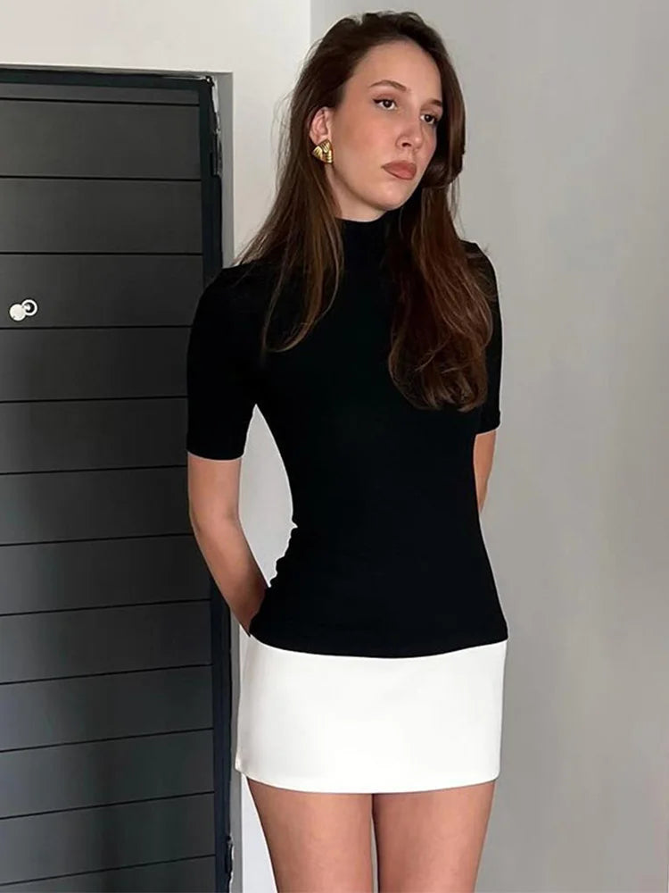 Summer 2025 Turtleneck Half Sleeve Mini Dresses French Style Fashion Elegant Black And White Patchwork Bodycon Dress - Matrix-studios.com