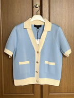 Tossy Knit Sweater Cardigan Coat Female Pocket V-Neck Contrast Short Sleeve Patchwork Elegant Vest Women's Knitwear Cardigan Top - Matrix Studios