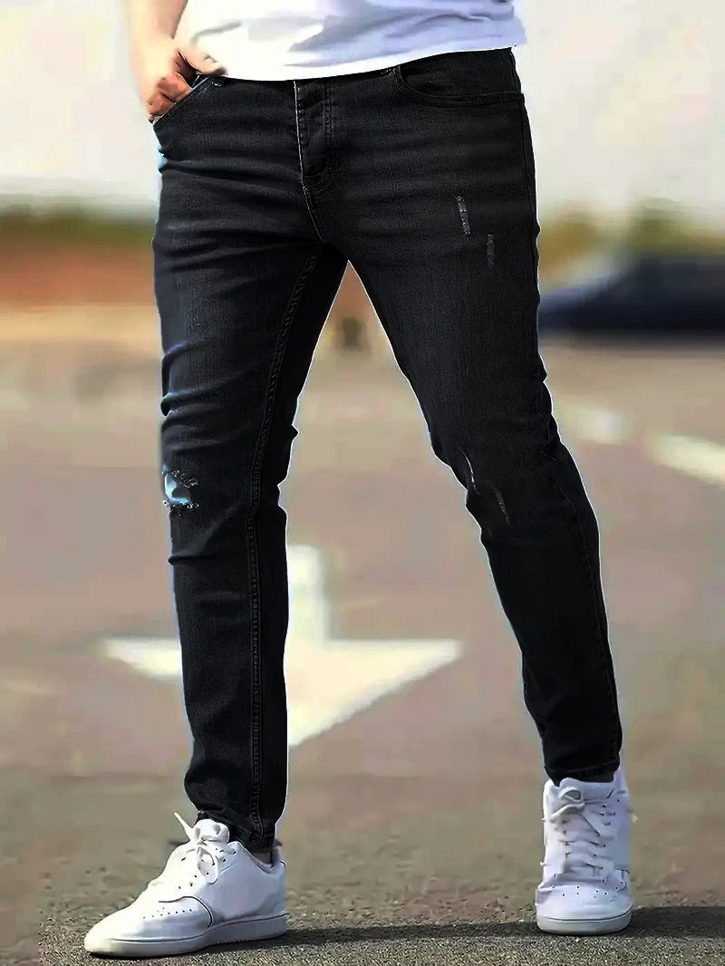Men's American Retro Hole-Punched Stretch Slim Fit Jeans Zipper Casual Streetwear Denim Pants Classic Black Blue Skinny Trousers - Matrix Studios