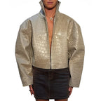 Crocodile Pattern Embossed Short Women Leather Jacket Stand Collar Zipper Long Sleeved Cropped Jackets 2026 Street Daily Outfit - Matrix Studios