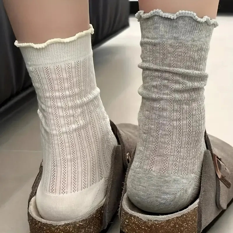 5/10 Pairs Women Solid Color Mesh Mid Tube Socks Summer Lightweight Breathable Fashionable Wavy Edge Ballet Style Casual Socks - Matrix Studios