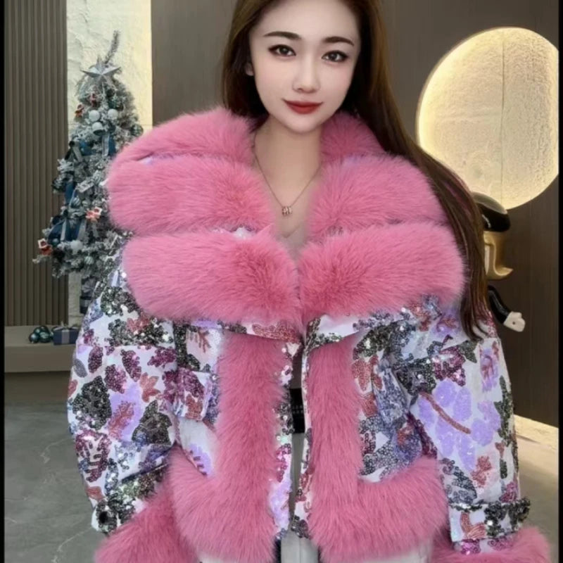 Outcoat The New Fur Cotton-padded Jacket Features Heavy Sequins Outerwear Sweet Faux Leather and A Stylish Thickened Fur Coat - Matrix Studios