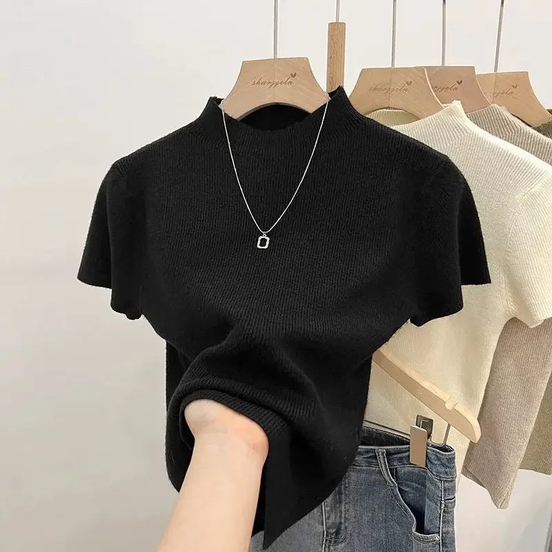 Basic Turtleneck Solid Thin Summer 2026 Pullover Women Female Knitted Sweater Slim Short Sleeve Bodycon Sweater - Matrix Studios