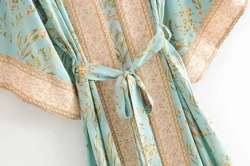 Boho Queens Fashion Women Green Floral Print Bat Sleeve Rayon Beach Bohemian Kimono Ladies V Neck Boho Robe Bikini Cover-ups - Matrix Studios