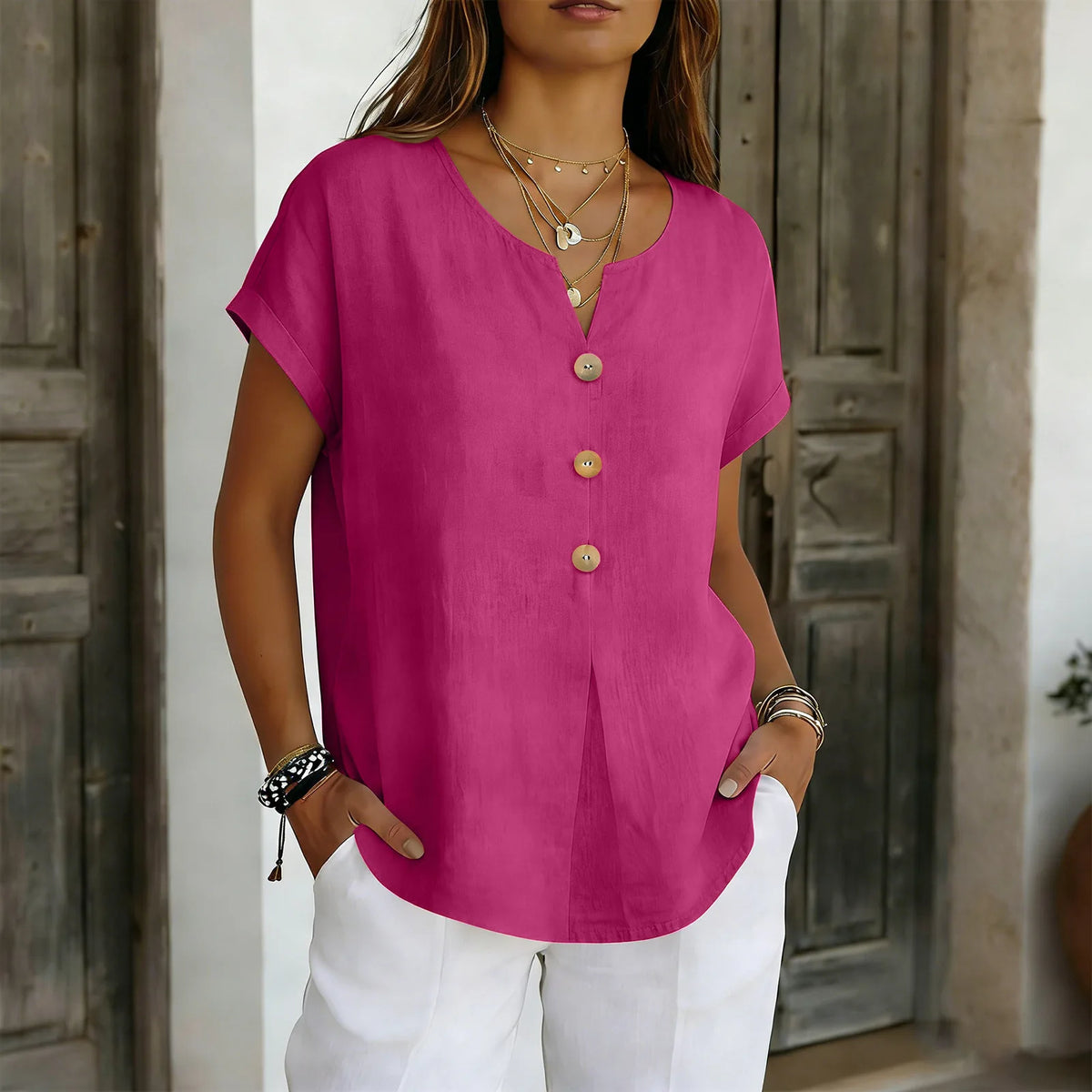 2026 Summer Basic Blouses Women's Shirts Solid Color Casual Short-Sleeve Cotton Linen Fashion Plus Size V-Neck Loose Button Tops - Matrix-studios.com