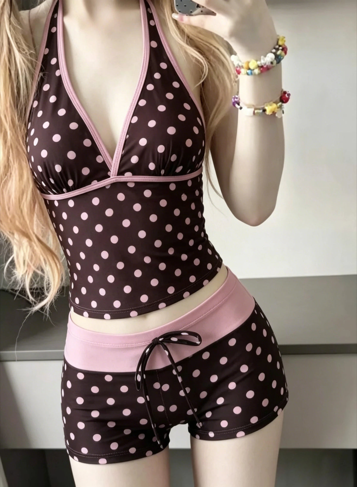 Women Beach Style Bikini Swimwears 2-Piece Tankini Suits Halter V-Neck Tie Cami Top Bodycon Contrast Waistband Swim Beachwear - Matrix-studios.com