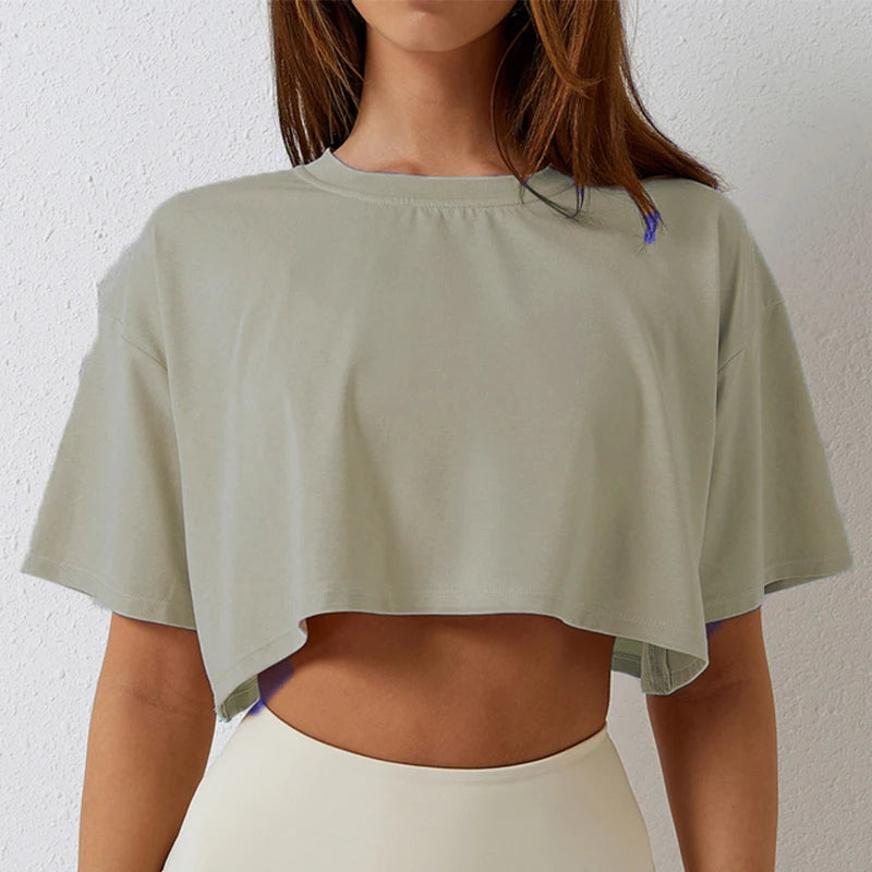 Cotton Women Short Sleeve Dance Running Clothes Yoga Fitness Crop Top  Navel Baring New Sport T-shirt Loose Gym Workout Shirts - Matrix-studios.com
