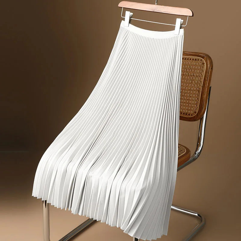Women Vintage Midi Skirt Wide Elastic Waistband High Waist Pleated A-Line Skirt Summer Solid Color Smooth Satin Long Skirts - Matrix-studios.com