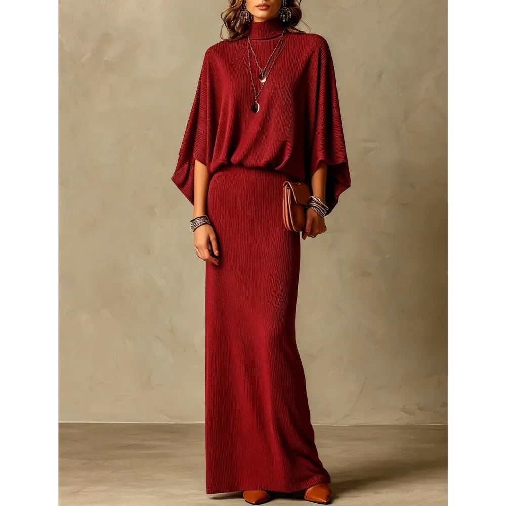 Autumn Winter New Fashion High Collar Bat Sleeve Skirt 2piece Set Women Casual Knitted Pit Strip Elegant Slim Hip Hip Skirt Suit - Matrix-studios.com