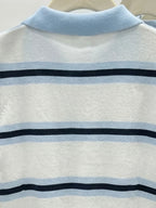 Polo Collar Striped Heart Knit Tee Women White Blue Black Short Sleeve Soft Stretch Sweet Daily Office SlimKnit T Shirt Blouse - Matrix-studios.com
