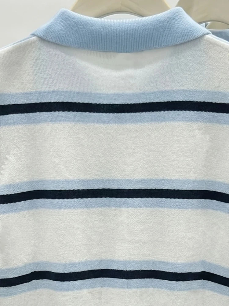 Polo Collar Striped Heart Knit Tee Women White Blue Black Short Sleeve Soft Stretch Sweet Daily Office SlimKnit T Shirt Blouse - Matrix-studios.com