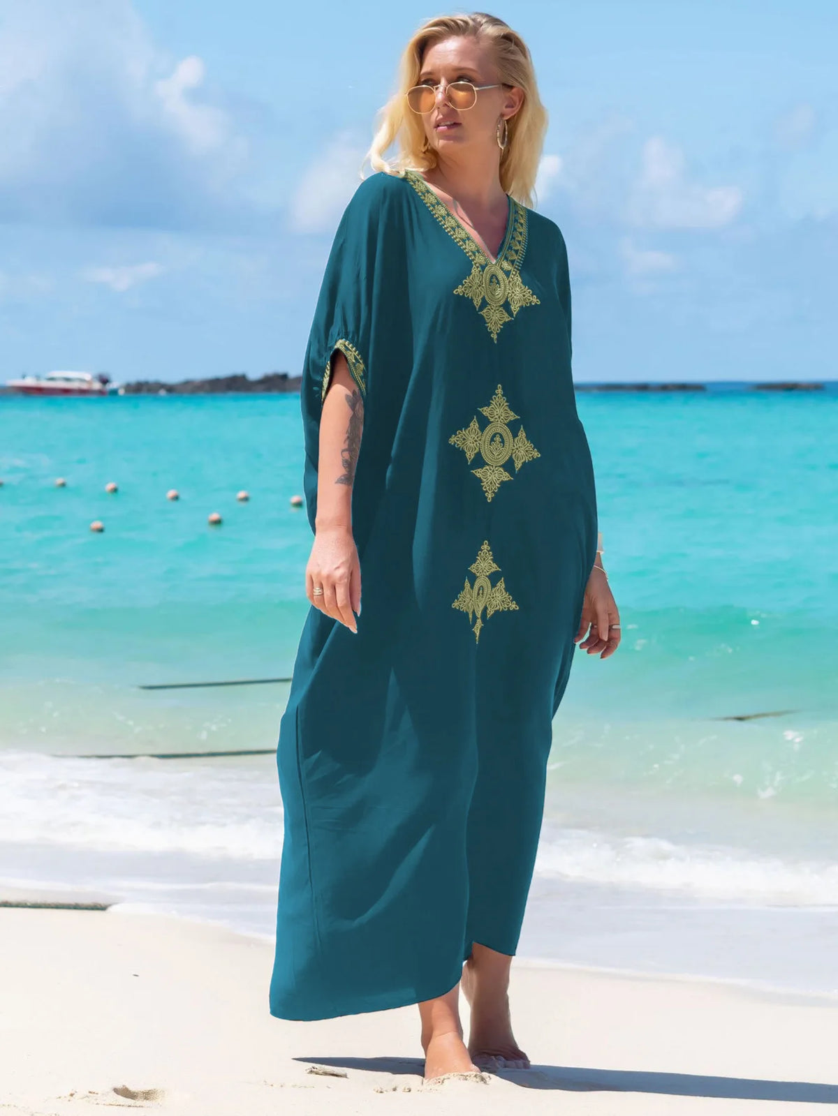 Women's Clothing Gold Embroidery Long Kaftan Dresses V Neck Caftan Dress Beach Cover Ups Tunic Maxi Dress - Matrix Studios