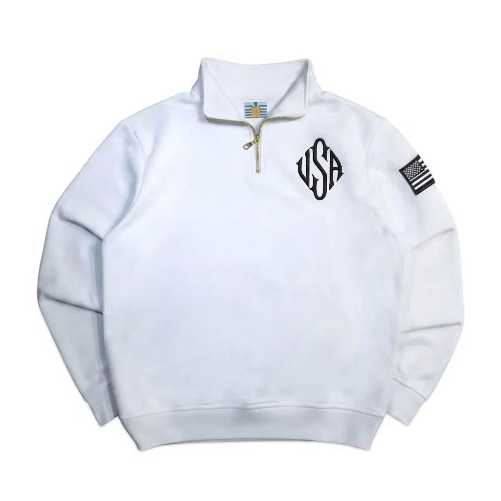 Y2K Navy Blue Quarter Zip Sweatshirt USA Embroidered American Flag Patch Jacket Men Women Vintage Streetwear Fashion Trend Top - Matrix Studios