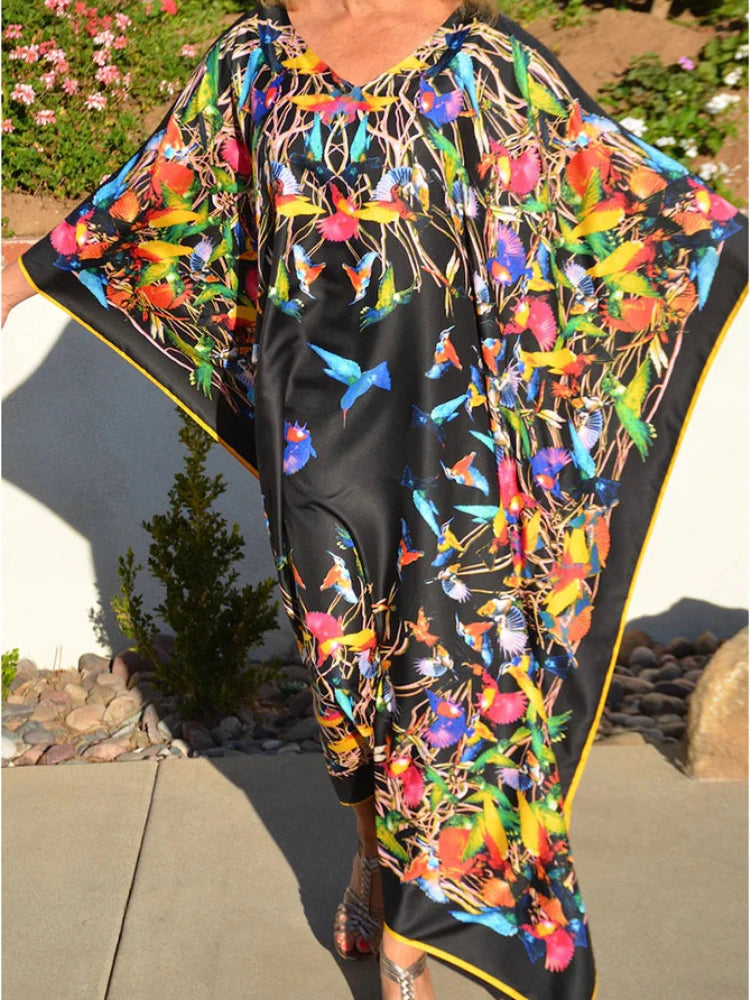 Beach Dresses Bird Bohemian Kaftans for Women 2025 New Loose Bikini Cover Ups Maxi Robe Elegant Bathing Suits - Matrix Studios