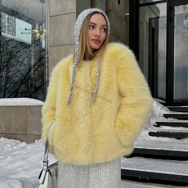 Neo Mint Cool Street Girls Winter Fashion Fluffy Fox Fur Jacket Women Casual Round Neck Faux Fur Coat Chic Thick Warm Outerwear - Matrix Studios